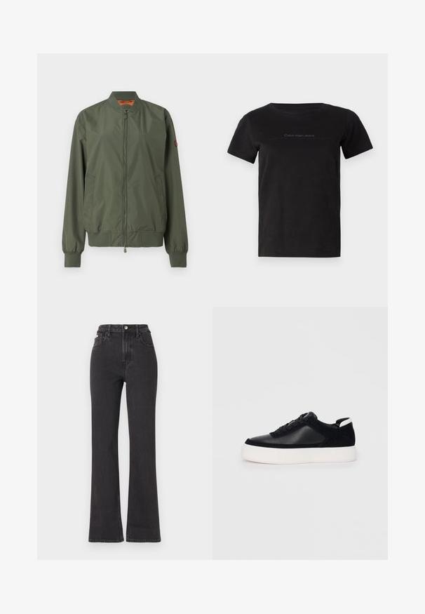 Zielona kurtka bombowiec z zamkiem z przodu, prążkowanymi mankietami i dołem, bocznymi kieszeniami oraz subtelnym połyskiem; ma pomarańczowe wnętrze.; Czarna bawełniana koszulka z okrągłym dekoltem i krótkimi rękawami. Zawiera subtelne logo w szarym kolorze na wysokości klatki piersiowej.; Czarne jeansy z wysokim stanem i rozszerzanym dołem, wykonane z denimu, z zapięciem na guzik, szlufkami na pasek oraz kieszeniami bocznymi. Gładka faktura z minimalnym przetarciem.; Czarne sneakersy z gładkiej skóry i zamszowymi panelami, płaskimi sznurowadłami, zaokrąglonym noskiem i białą gumową podeszwą. Wyraźne logo na pięcie.
