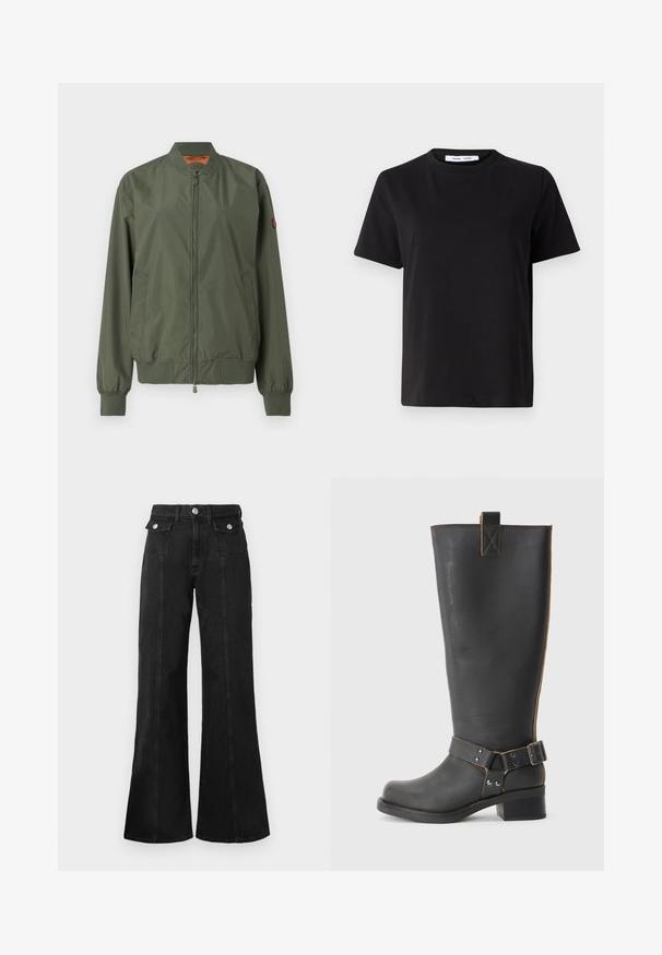 Grüne Bomberjacke mit Vorderreißverschluss, gerippten Bündchen und Saum, Seitentaschen und einem subtilen Glanz; verfügt über ein orangenes Innenfutter.; Schwarzes T-Shirt mit kurzen Ärmeln aus weicher Baumwolle, mit rundem Ausschnitt, lockerer Passform und glatter Textur. Keine sichtbaren Muster oder Grafiken.; Schwarze, weit geschnittene Jeans aus Denim mit hoher Taille, ausgestattet mit zwei vorderen Taschen, silberfarbener Hardware und sichtbaren Nahtdetails an der Vorderseite.; Schwarze Leder-Stiefel bis zum Knie mit strukturiertem Finish, seitlichem Schnallenakzent und niedrigem Absatz. Detaillierte Steppnähte entlang der Nähte.