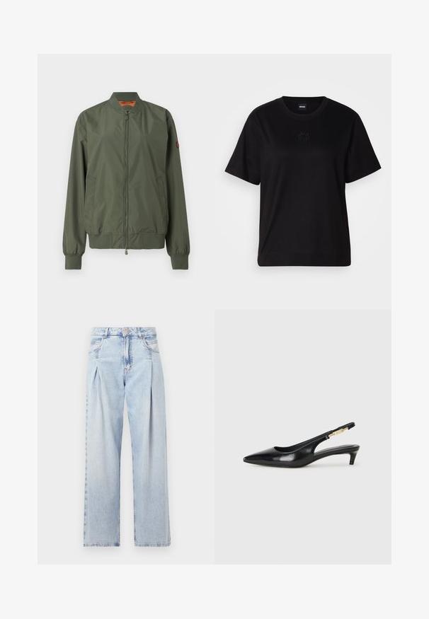 Jachetă bomber verde cu fermoar frontal, manșete și tiv cu nervuri, buzunare laterale și o strălucire subtilă; are un interior portocaliu.; T-shirt negru din bumbac, cu guler rotund, mâneci scurte și un logo brodat pe piept. Design simplu, cu o croială relaxată și fără modele.; Jeans din denim albastru deschis cu talie înaltă, croială evazată, două buzunare laterale și un design pliat. Textură moale cu un finisaj decolorat.; Sandale slingback din piele neagră cu vârf ascuțit, având un toc subțire și un accent de culoare aurie pe curea ajustabilă. Textură netedă.