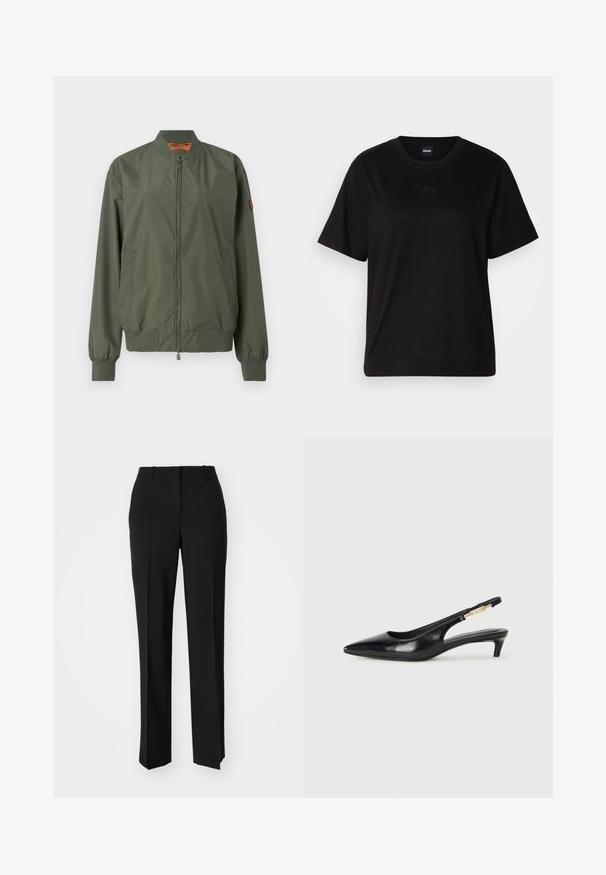 Vihreä pommijakku, jossa on vetoketju edessä, ribbikudos hihansuissa ja helmoissa, sivutaskut sekä hillitty kiilto; sisävuori on oranssi.; Musta puuvillapaita, jossa on pyöreä kaula-aukko, lyhyet hihat ja brodeerattu logo rinnassa. Yksinkertainen, rento istuvuus ilman kuvioita.; Mustat räätälöidyt housut suoraa lahjetta, joissa on sileä pinta ja terävät taitteet edessä. Ei näkyvää metalliosaa.; Mustat nahkaiset slingback-korkokengät, joissa on terävä kärki, ohuet korot ja kultasävytteinen yksityiskohta säädettävässä hihnassa. Silkkinen pinta.