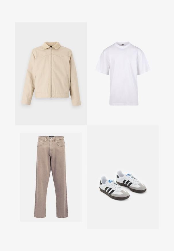 Beige Jacke mit Cordkragen, Frontreißverschluss und Seitentaschen, mit einer strukturierten Passform und leicht verkürztem Schnitt.; Weißes Baumwoll-T-Shirt mit Rundhalsausschnitt, kurzen Ärmeln und lockerer Passform. Hat ein schlichtes Design ohne Muster oder Akzente.; Beige gerade geschnittene Jeans aus Denim, mit einem klassischen Fünf-Taschen-Design, genähten Akzenten und einem sauberen Saumfinish.; Sportschuhe mit einem Obermaterial aus weißem Leder, grauer Wildleder-Zehenkappe und drei schwarzen Streifen. Sie verfügen über ein blaues Logo auf der Zunge und eine strukturierte Gummisohle.
