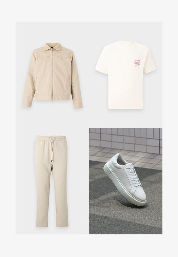 Veste beige avec un col en velours côtelé, fermeture éclair frontale et poches latérales, présentant un design structuré et une coupe légèrement cropped.; T-shirt blanc à manches courtes avec le texte rouge "Édition Originals du Studio" sur la poitrine gauche, présenté sur un fond gris neutre.; Pantalons de survêtement beiges avec une taille élastique et un cordon de serrage. Fabriqués en tissu doux, avec des jambes fuselées et des poches latérales.; Baskets en cuir blanc avec une surface lisse, bout rond et lacets plats blancs. Présentent une semelle en caoutchouc texturée et des éléments de design minimalistes.
