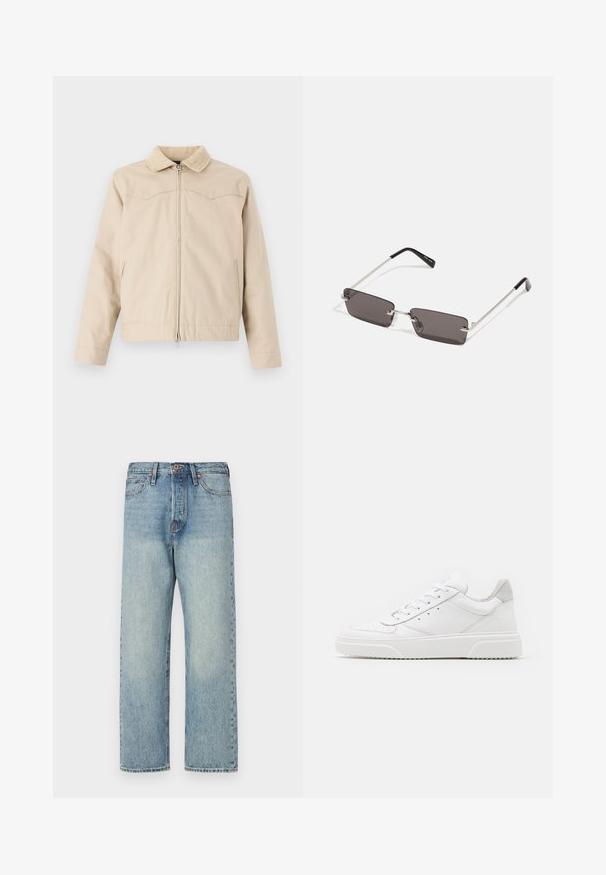 Beżowa kurtka z tkaniny sztruksowej przy kołnierzu, z zamkiem błyskawicznym z przodu i kieszeniami po bokach, charakteryzująca się wykrojonym krojem i lekko skróconym fasonem.; Biała bawełniana koszulka z krótkim rękawem, okrągłym dekoltem i czerwonym napisem graficznym "PYSZNY ODŚWIEŻAJĄCY OWOC" na przodzie.; Jasnoniebieskie dżinsy z prostymi nogawkami, pięcioma kieszeniami i brązowym okuciem. Minimalne wyblaknięcie z czystym wykończeniem.; Białe skórzane trampki o gładkim wykończeniu, zaokrąglonym nosku, płaskich sznurówkach i teksturowanej podeszwie. Szary zamszowy akcent na pięcie.; Okulary przeciwsłoneczne z prostokątnymi, ciemnoszarymi soczewkami, srebrnymi metalowymi ramkami i czarnymi plastikowymi zakończeniami na zausznikach. Lekka konstrukcja z poduszkami nosowymi.