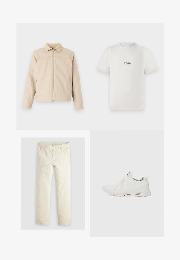 Beige jacket with a corduroy collar, front zipper, and side pockets, featuring a structured design and slightly cropped fit.; White cotton t-shirt with short sleeves, featuring a black "JJ Studios" logo on the chest. Crew neck and standard fit design.; Light beige loose-fit pants with three pockets, belt loops, and a straight leg design. Made from a soft cotton blend fabric.; White athletic shoes featuring a textured knit upper, flat laces, and a cushioned sole with visible air chambers for added support.