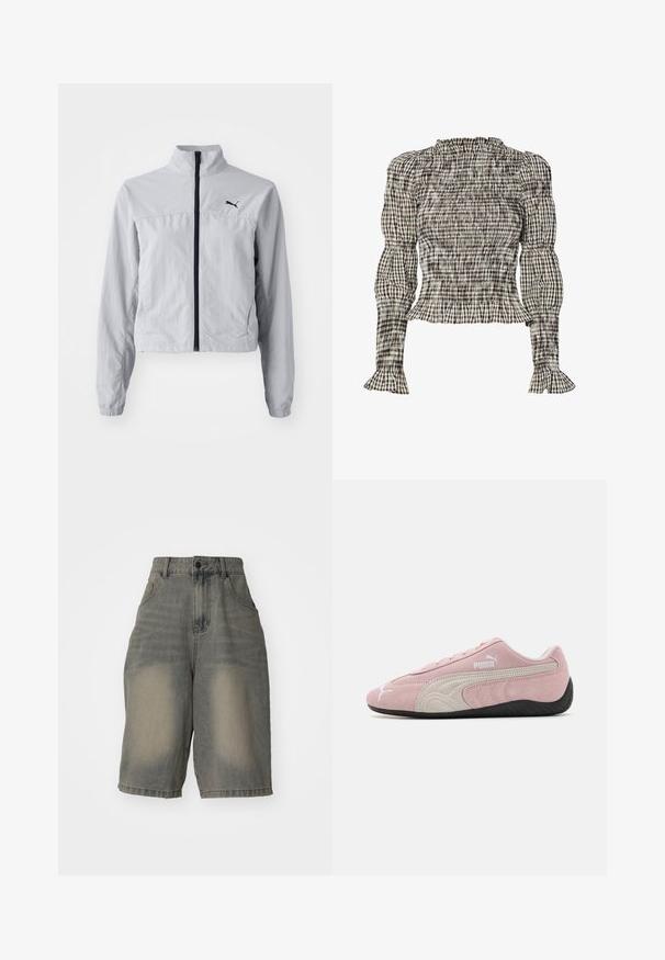 Světlá šedá větrovka s vysokým límcem, plným předním zipem a elastickými manžetami. Obsahuje černé logo na horní levé straně.; Hedvábná blůza s kostkovaným vzorem v černé, bílé a béžové barvě. Řasený výstřih a manžety, dlouhé rukávy, zkrácený střih.; Jaded London LIGHT WASH JUMBO JORTS - Džínové kraťasy - light wash; Růžové semišové tenisky s šedými akcenty, zjednodušený design, texturovaný svršek a černá gumová podrážka. Na boku je logo Puma.