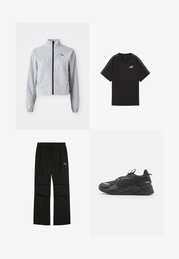 Lys grå vindjakke med høj krave, fuld frontlynlås og elastiske manchetter. Har et sort logo på øverste venstre side.; Sort kortærmet t-shirt lavet af bomuld. Har hvidt Puma-logo på brystet og mønstrede detaljer på skuldrene. Standard pasform og rund hals.; Sorte træningsbukser med løs pasform, elastisk talje, snoretræk, sidelommer og et lille sølvlogo på venstre ben.; Sort sneaker med en tekstureret overdel, der har mesh og syntetiske materialer, en tyk sål og refleksaccenter for synlighed.