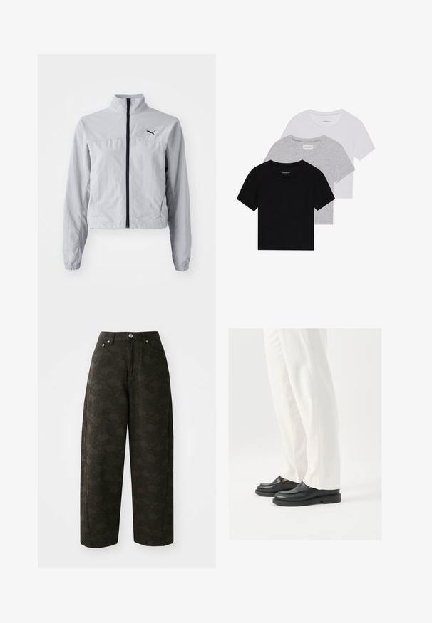 Šviesiai pilkas vėjo apsaugos džemperis su aukštu apykakle, visišku priekiniu užtrauktuku ir elastingais rankogaliais. Viršutinėje kairėje pusėje yra juodas logotipas.; Trijų trumpomis rankovėmis marškinėlių rinkinys juodos, pilkos ir baltos spalvos. Pagaminti iš medvilnės, turi apvalų iškirpimą ir paprastą, vientisos spalvos dizainą.; Tamsiai žaliai platūs kelnių modeliai turi tekstūrinį gėlių raštą, penkias kišenes ir metalinius mygtukus juosmens srityje.; Juodi odiniai loafersai su lygia tekstūra, siuvinėjimo detalėmis ir apvaliu pirštu, derinami su baltais pritaikytais kelniais.