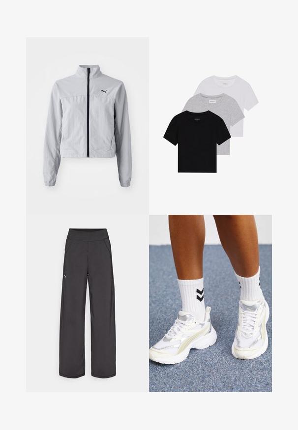 Svetlo siva jakna za veter z visokim ovratnikom, polnim sprednjim zadrgo in elastičnimi manšetami. Na zgornji levi strani je črn logo.; Komplet treh majic s kratkimi rokavi v črni, sivi in beli barvi. Izdelane iz bombaža, z okroglim izrezom in preprostim, enobarvnim dizajnom.; Črne atletske hlače z širokim pasom, stranskimi žepi in ravnimi šivi. Imajo majhen logotip na levi nogi. Narejene so iz gladkega, raztegljivega materiala.; Beli športni copati s srebrnimi detajli, mrežnim materialom in masivnim oblikovanjem. Ujemajo se z belimi nogavicami, ki imajo črne črte v obliki čevlja.