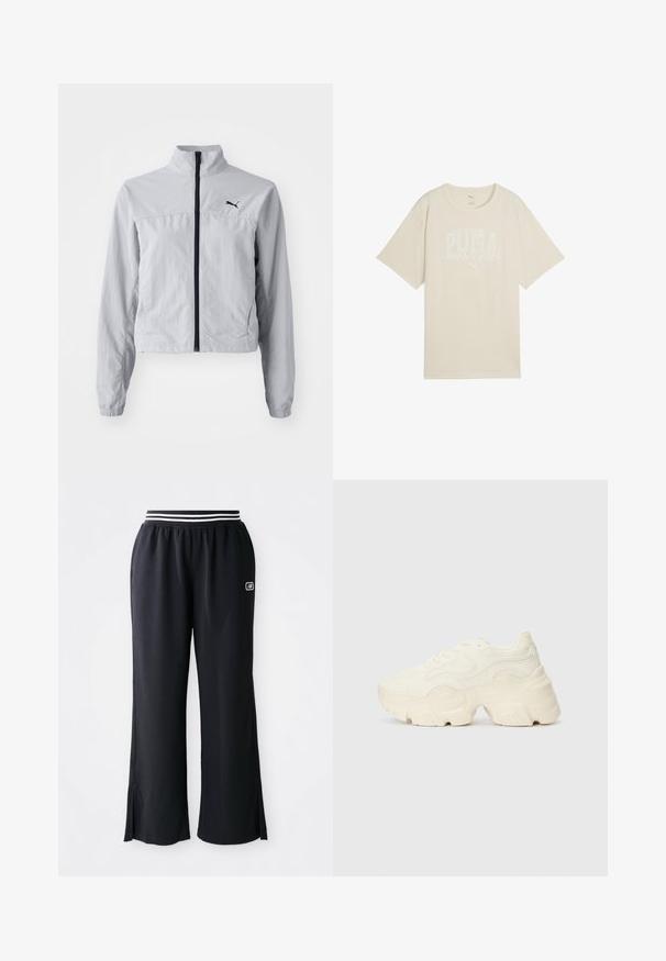 Lys grå vindjakke med høj krave, fuld frontlynlås og elastiske manchetter. Har et sort logo på øverste venstre side.; Beige bomulds t-shirt med en afslappet pasform, der har et hvidt grafisk design med teksten "PUMA sports club" og et lille logo ovenfor.; Sorte atletiske bukser med bred ben-design, elastisk talje med sorte og hvide striber, og sideskårne slitser i kanten.; Chunky hvide sneakers lavet af tekstureret mesh og syntetiske materialer, med en tyk sål og intrikate mønsterdetaljer langs siderne.
