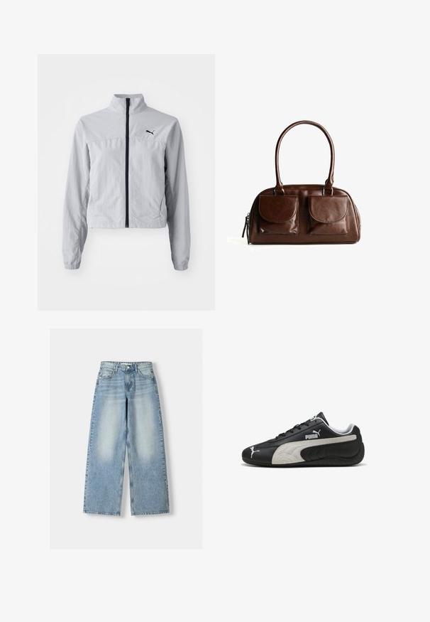 Lichtgrijze windbreaker jas met een hoge kraag, volledige rits aan de voorkant en elastische cuffs. Bevat een zwart logo op de bovenste linkerkant.; Lichtgrijze geribbelde tanktop met een ronde halslijn en zonder mouwen. Beschikt over een getailleerd ontwerp en een subtiele logo nabij het midden. Zachte textuur.; Lichtblauwe denim wijde jeans met een hoge taille, met een vervaagde afwerking, vijf zakken en een rechte cut.; Zwarte leren sneakers met een gestructureerde grijze suède streep, voorzien van witte logo-accenten en een vetersluiting, ronde neus en rubberen zool.; Bruine leren handtas met twee voorflapzakken, ronde handvatten en een rits aan de zijkant tegen een witte achtergrond.