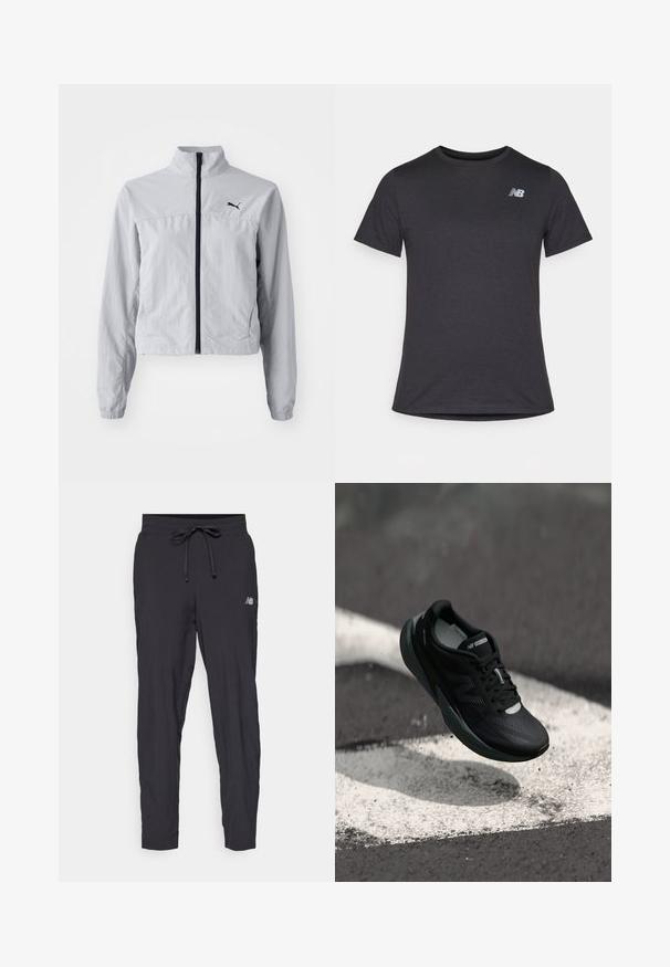 Heledhalli tuulejope kõrge kaelusega, täispikk lukk ees ja elastsete mansettidega. Vasakul ülal on must logo.; Must beebi särk, millel on lühikesed varrukad ja pehme kangas, ülaosas vasakul rinnal on väike hall New Balance'i logo, klassikaline ümar kaelus.; Kerged mustad spordipüksid, mis on valmistatud kergest materjalist, elastse vöökoha ja reguleeritava nööriga. Küljel on väike logo.; Mustmustööd mustad jooksujalatsid tekstureeritud pealsed, sujuv disain ja helendavad aktsendid. Omab pehmet, polsterdatud tallat, mis tagab mugavuse.