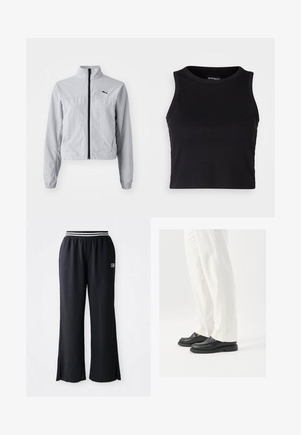 Veste coupe-vent gris clair avec un col haut, fermeture éclair frontale complète et poignets élastiques. Présente un logo noir sur le côté supérieur gauche.; Top court noir à côtes avec un col rond et un design sans manches. Fabriqué en tissu doux et extensible, avec des bords ourlés propres.; Pantalons de sport noirs avec une coupe évasée, ceinture élastique avec des rayures noires et blanches, et fentes sur le bas.; Mocassins en cuir noir avec une texture lisse, des détails de couture et un bout arrondi, associés à un pantalon blanc ajusté.