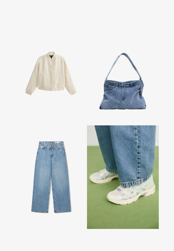 Cremfarbener Bomberjacke aus strukturiertem Stoff, mit Druckknopfverschluss, gerippten Bündchen und zwei Fronttaschen.; PULL&BEAR Top - white; Hellblaue weite Jeans aus Denim, mit hoher Taille, fünf Taschen, Knopfverschluss und dezentem Verblassen für Textur.; Weiße und silberne Netzsneaker mit grünen Akzenten, kombiniert mit lockeren blauen Jeans, stehen auf einem grünen Teppichboden.; Denim Schultertasche mit einem gebogenen Tragegurt, zwei Vordertaschen und einem geknöpften Oberteil, ausgestattet mit hellblauem Stoff und kontrastierenden Steppnähten.