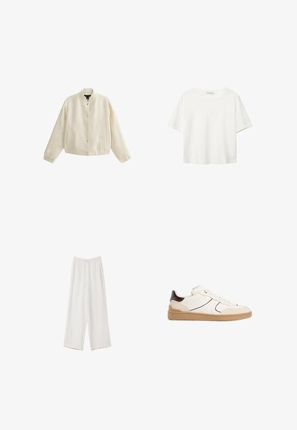Cream-colored bomber jacket with a textured fabric, snap button closure, ribbed cuffs, and two front pockets.; White short-sleeve t-shirt made of cotton. Features a crew neckline and a relaxed fit. Smooth texture with no visible patterns or accents.; White wide-leg trousers made from a lightweight fabric. Features an elastic waistband with a drawstring and side pockets. Smooth texture.; Stradivarius Trainers - white