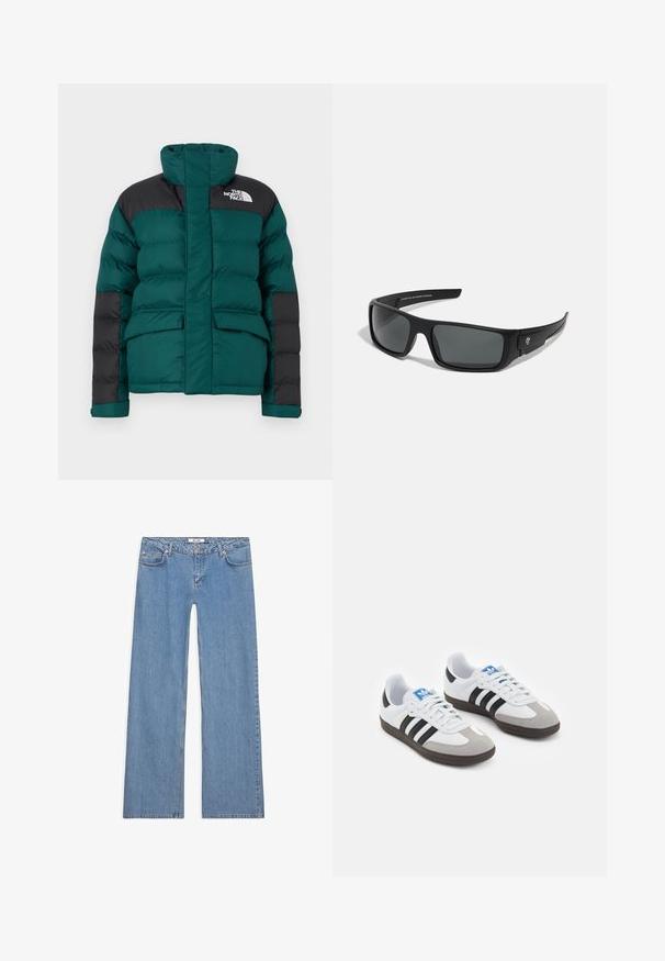 Roheline ja must nüüri jope kõrge kraega, millel on lukuga ees, kaks eesmist taskut ja logo vasakul õlal.; Kaks pikapõlvega särki: üks must ja teine valge. Mõlemal on ümmargune kaelus ja sile, ribateraline tekstuur. Brändi silt on nähtav kaeluse sees.; Heledad sinine laiad teksad, valmistatud denimist, viie tasku kujundusega, nööbiga sulgemine ning õmblustega detailid õmbluste ja servade ääres.; Spordijalatsid valge nahkpealsega, halli nubuk-naha otsaga ja kolme musta triibuga. Omab sinist logo keele peal ja struktureeritud kummitalda.; Mustad prillid, millel on ristkülikukujuline raam, tumedad hallid objektiivid ja sile plastikviimistlus. Märkimisväärne logo aktsent küljel.; Must mustri õlakott, millel on kaarjas kuju, hõbedane kett, eemaldatav mini kotike ja reguleeritav rihm; esiküljel on "Steve Madden" logo.