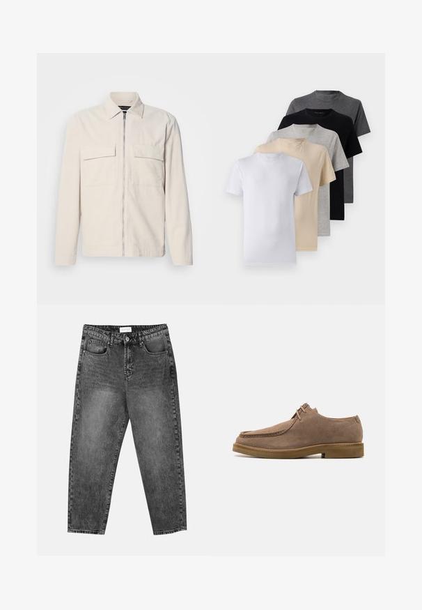 Veste en velours côtelé beige clair avec une fermeture éclair avant, deux poches poitrine, un col et des manches longues. Texture lisse et design minimaliste.; Ensemble de cinq t-shirts à manches courtes en blanc, beige, gris clair, gris foncé et noir. Fabriqués en coton doux, présentant un design à col rond.; Jean noir délavé à jambe droite avec poches avant et arrière, passants de ceinture et bouton de fermeture à la taille.; Zign LEATHER - Chaussures à lacets - taupe