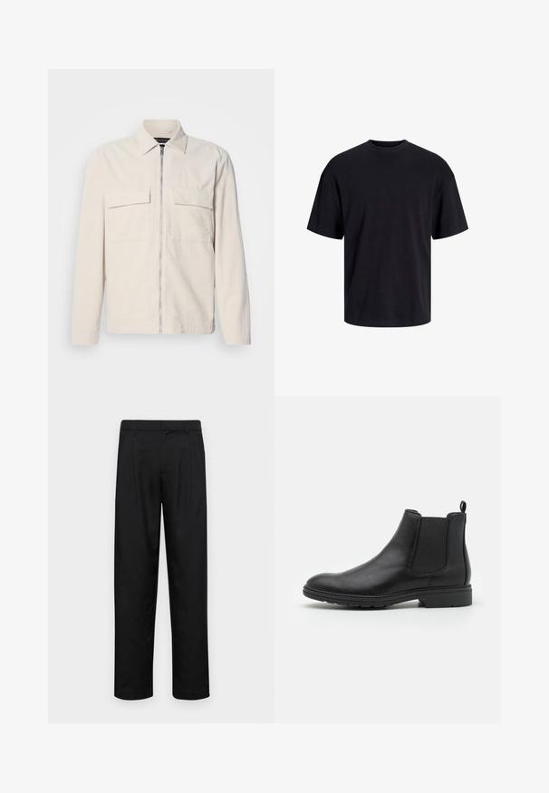 Veste en velours côtelé beige clair avec une fermeture éclair avant, deux poches poitrine, un col et des manches longues. Texture lisse et design minimaliste.; T-shirt en coton noir avec un col ras du cou, des manches courtes et une coupe décontractée. Texture lisse sans motifs ni accents visibles.; Pantalons noirs en tissu lisse, avec une coupe droite, deux plis avant et une taille standard avec passants de ceinture.; Bottines Chelsea en cuir noir avec des panneaux élastiques sur les côtés et une languette, présentant un bout arrondi et une semelle en caoutchouc texturée.