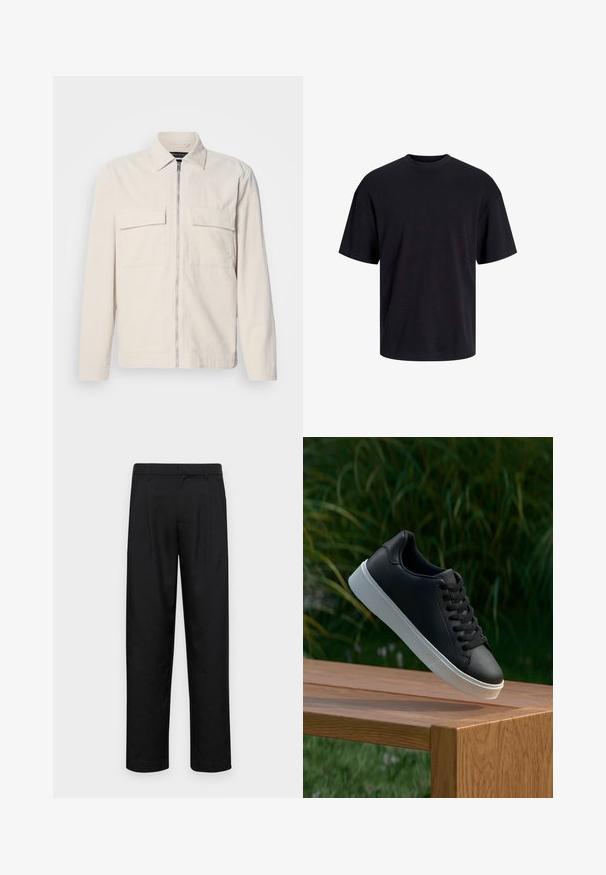 Jasnobeżowa kurtka z czwórkowym materiałem z zamkiem błyskawicznym z przodu, dwoma kieszeniami na piersi, kołnierzem i długimi rękawami. Gładka tekstura i minimalistyczny design.; Czarna bawełniana koszulka z okrągłym dekoltem, krótkimi rękawami i luźnym krojem. Gładka tekstura, bez widocznych wzorów czy akcentów.; Czarne spodnie wykonane z gładkiego materiału, z prostą nogawką, dwoma fałdami z przodu oraz standardowym paskiem z wypustkami na pasek.; Czarne skórzane sneakersy o gładkiej fakturze, z białą gumową podeszwą i sześcioma otworami na sznurowadła, wyeksponowane na drewnianej powierzchni.