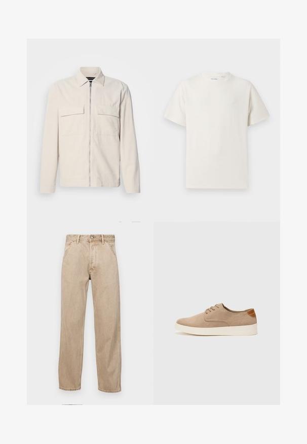 Svetlo bež žametalna jakna z zadrgo spredaj, dvema žepoma na prsih, ovratnikom in dolgimi rokavi. Gladka tekstura in minimalističen dizajn.; Bela majica s kratkimi rokavi iz rebraste tkanine. Okrogli izrez, sproščen kroj, brez vidnih vzorcev ali naglasov. Preprosta in vsestranska zasnova.; Beige jeans iz džinsa s ravnim nogavicama, ki imajo sprednje žepe, kovinsko zapiranje in subtilno teksturo.; Bež tkanine usnjene superge z zaobljenim nosom, vezalkami na sprednji strani in teksturiranim zadnjim detajlom. Belo gumijasto podplato zagotavlja kontrast. Enostaven in sodoben dizajn.