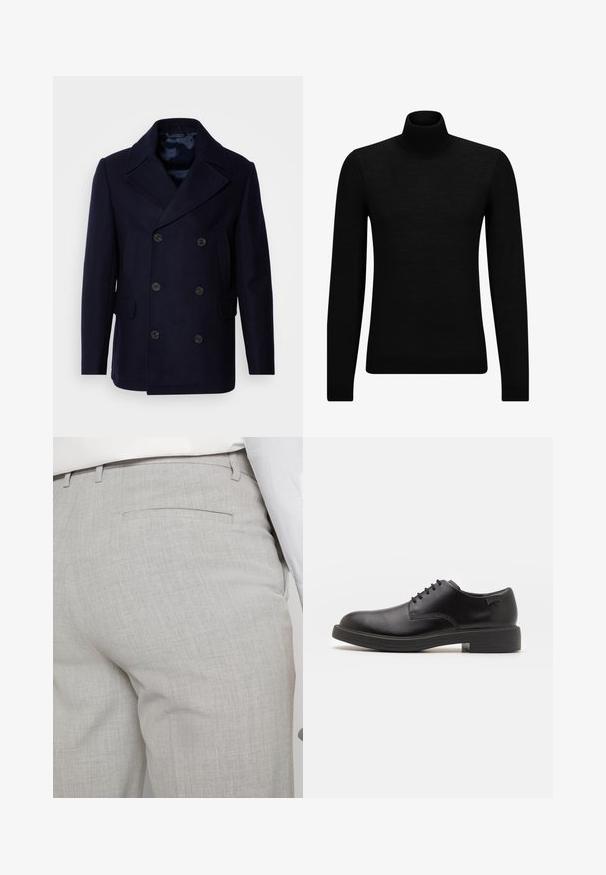 Isaac Dewhirst NEW SHORT PEACOAT SIDE ENTRY - Jas - navy; Zwarte coltrui van zacht materiaal, met lange mouwen en een snug fit. Geribbelde afwerking aan de onderkant en mouwen. Eenvoudig ontwerp.; Lichtgrijze, op maat gemaakte broek van gestructureerde stof, met een enkele achterzak en nette stiksels.; Zwarte leren veterschoen met een ronde neus, een gladde textuur, minimale stiksels en een lage rubberen hak. Logo op de hak.