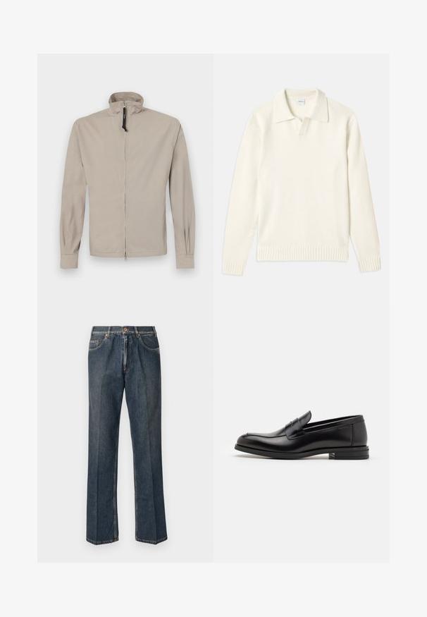 Veste légère beige avec un col montant, fermeture éclair à l'avant, manches longues et poignets élastiques. Texture lisse, design minimaliste, sans motifs.; Pull en tricot de couleur crème avec un col polo, des poignets et un ourlet côtelés, comportant une patte de boutonnage sur le devant et une texture douce.; T-shirt à manches courtes bleu marine avec le texte blanc "neanche per sogno" centré sur la poitrine, col rond, taille moyenne.; Jeans en denim droit bleu foncé avec un bouton à l'avant, une fermeture éclair, deux poches avant et des plis verticaux visibles le long des jambes.; Mocassins en cuir noir avec une texture lisse, bout rond et une sangle décorative sur le dessus. Talon bas empilé, design minimaliste.