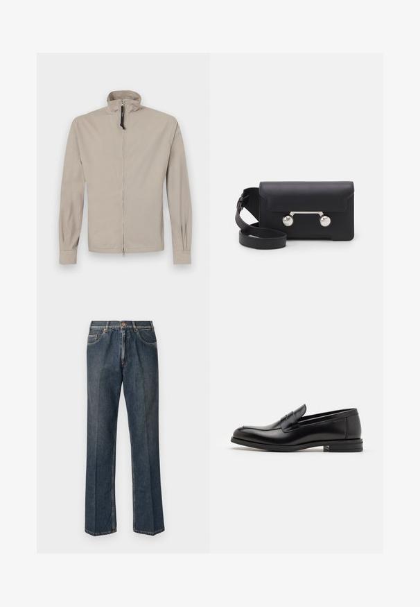 Beige lightweight jacket with a high collar, zipper front, long sleeves, and elastic cuffs. Smooth texture, minimalist design, no patterns.; Cream-colored knit sweater with a polo collar, ribbed cuffs, and hem, featuring a front placket and soft texture.; Navy blue short-sleeve T-shirt with white text "neanche per sogno" centered on the chest, crew neck, medium size.; Dark blue straight-leg denim jeans with front button, zip fly, double front pockets, and visible vertical creases down the legs.; Black leather loafers with a smooth texture, rounded toe, and a decorative strap across the vamp. Low stacked heel, minimalist design.; Black leather crossbody bag with a flap closure, silver-tone hardware, and two round accents. Features a detachable strap. Smooth texture.