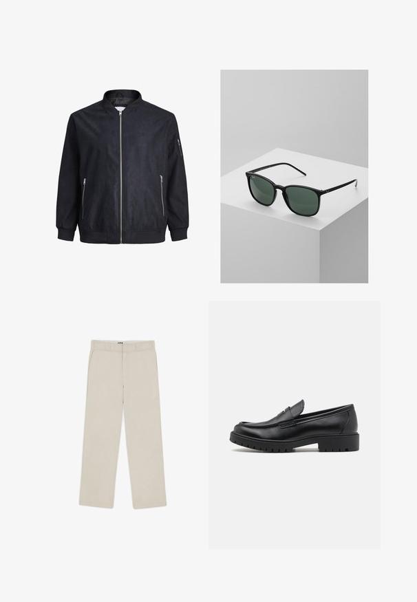 Črna bomberska jakna z gladko teksturo, zadrgo na sprednji strani, rebrastimi manšetami in robom ter stranskimi žepi. Ima minimalističen dizajn brez vzorcev.; Črn pulover s turtleneck ovratnikom, izdelan iz mehkega pletenega materiala. Ima dolge rokave, rebrast ovratnik in rob. Preprost, eleganten dizajn brez vzorcev.; Bež hlače širokih nogavic z gladko teksturo, ki imajo zanko za pas, dve sprednji žepu in zadrgo. Minimalističen dizajn.; Črne usnjene loafers čevlje z zaobljenim nosom, brez zadrge, s debelim gumijastim podplatom, ki ima teksturirano površino za dober oprijem. Dviganje pete ter diskretni šivi.; Črne pravokotne sončne očala s temno zelenimi lečami, ki imajo lahko plastičen okvir in srebrne detajle na hramih.; Kovinski kvarčni ura s črnim številčnicam, belimi številkami in prikazom datuma. Ima jekleno zapestnico in vodoodpornost do 100 m.