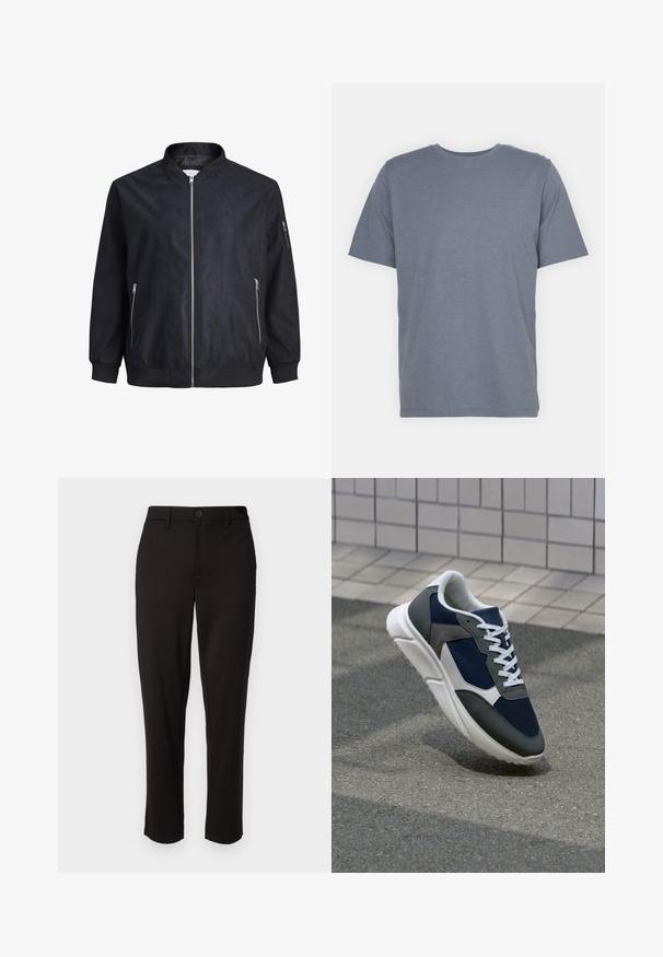 Black bomber jacket with a smooth texture, zippered front, ribbed cuffs and hem, and side pockets. Features minimalist design with no patterns.; Gray short-sleeve T-shirt with a round neck, made of soft cotton blend fabric. Simple design, no patterns or accents.; Black trousers made of lightweight fabric, featuring a straight leg, front button closure, belt loops, and side pockets.; Sneaker featuring a navy blue mesh upper, gray suede accents, white rubber sole, and flat white laces, designed for comfort and breathability.