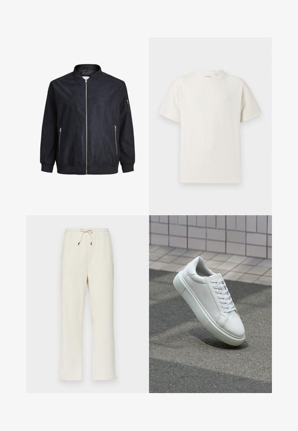 Schwarze Bomberjacke mit glatter Textur, Reißverschluss vorne, gerippten Bündchen und Saum sowie seitlichen Taschen. Minimalistisches Design ohne Muster.; Weißes T-Shirt mit kurzen Ärmeln in gerippter Textur. Runder Ausschnitt, lockere Passform, keine sichtbaren Muster oder Akzente. Einfaches und vielseitiges Design.; Ecrufarbene, gerippte Sweatpants mit einem Kordelzugbund, die zwei Seitentaschen und ein gerades Bein-Design aufweisen.; Weiße Leder-Sneaker mit glatter Oberfläche, runder Zehenpartie und flachen weißen Schnürsenkeln. Verfügt über eine strukturierte Gummisohle und minimalistische Designelemente.