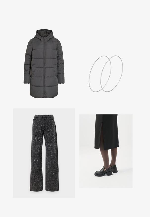 Chaqueta acolchada gris con capucha, cremallera frontal, diseño de costuras horizontales, dos bolsillos laterales y diseño de longitud media.; Bodysuit negro de manga larga, con un escote en V de malla y detalle fruncido en los hombros. Tejido suave con una forma ajustada.; Noisy May NMJANNEL LOOSE - Vaqueros boyfriend - black denim; Zapatos de piel negra con punta redondeada, tacón grueso y bloque, y acentos elásticos en los laterales, combinados con unos pantys oscuros y una falda negra con una abertura.; Pendientes de aro plateados con un diseño minimalista. Forma circular, textura suave y perfil delgado. Livianos con un acabado pulido.