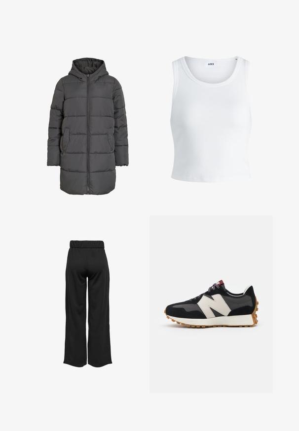 Szürke kapucnis pufi dzseki elülső cipzárral, vízszintes varrásmintával, két oldalzsebbel és középhosszú kialakítással.; Fehér bordás ujjatlan top, kerek nyakkivágással és rövid hosszal. A címke szerint "JJXX". Sima szövettextúra.; Fekete, bővülő szárú nadrág, elasztikus derékkal, sima anyagból készült. Tiszta dizájn jellemzi, zsebek és látható varrási részletek nélkül.; Fekete és szürke velúr sportcipő nagy krémszínű "N" logóval, lila fűzőkkel és texturált gumi talppal.