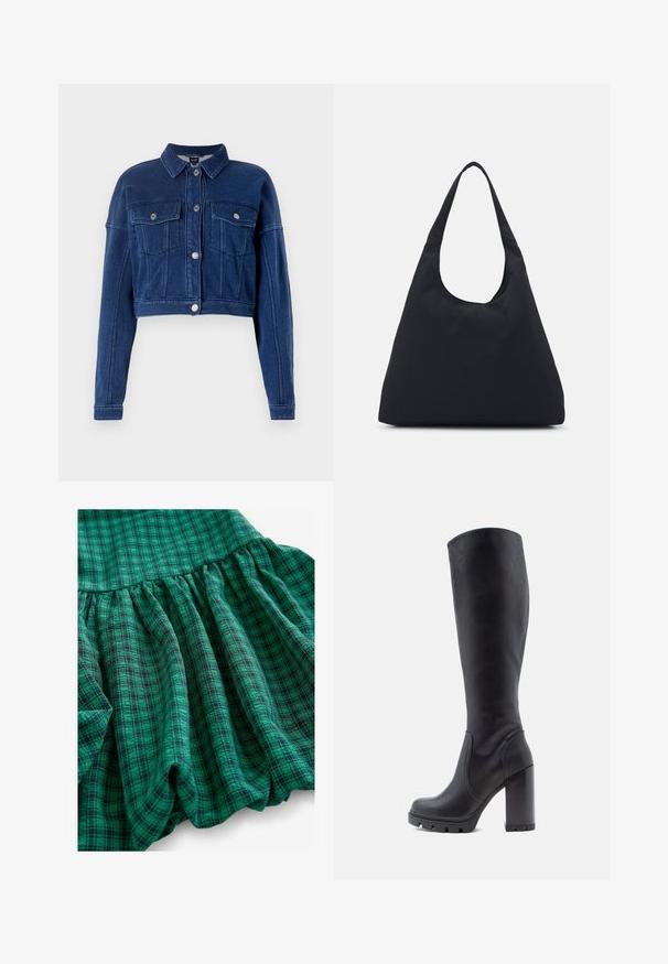 Przycięta, ciemnoniebieska kurtka dżinsowa z guzikami z przodu, dwoma kieszeniami na piersiach i klasycznym kołnierzem. Posiada srebrne okucia i stebnowania.; New Look - Bluzka; Zielony materiał w kratę charakteryzuje się różnymi odcieniami, marszczonymi fakturami i falbanistym wykończeniem. Materiał wydaje się przewiewny i lekki.; Czarne kozaki do kolan, gładki materiał skórzany, masywny obcas, zaokrąglony nos, teksturowana podeszwa z przyczepnością, elegancki design bez ozdób.; Czarna torba z tkaniny z jedną szeroką rączką na ramię. Miękki, półstrukturalny kształt oraz gładka tekstura; minimalistyczny design, bez widocznych elementów metalowych.