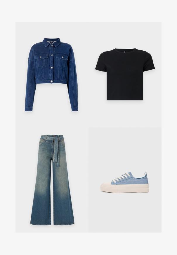 Rövidített, sötétkék farmerdzseki gombos elülső résszel, két mellzsebbel és klasszikus gallérral. Ezüst színű fémrészekkel és varrott részletekkel rendelkezik.; Fekete, rövid ujjú póló, puha pamutból készült. Kerek nyakkivágással és testhezálló kialakítással rendelkezik. Sima textúra, minta vagy díszítések nélkül.; Bőszárú farmernadrág, világos és sötétkék árnyalatokkal, magas derekú, övgyűrűkkel és a nadrággal megegyező anyagú övvel. Textúrált farmer kivitel.; Világoskék vászon sportcipők, krémszínű gumitippel és talppal, fehér fűzőkkel és egy húzófüllel a sarkán.