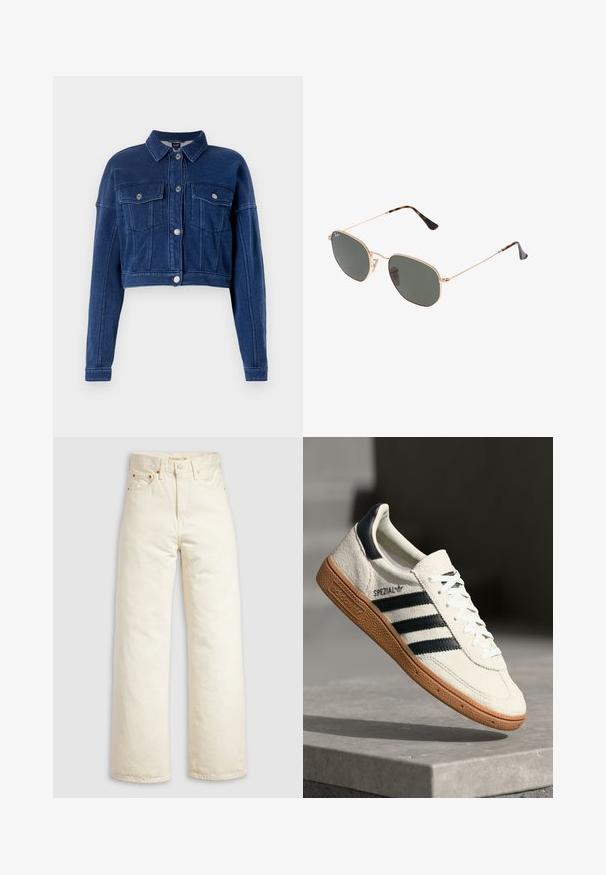 Chaqueta de mezclilla oscura recortada, con cierre de botones en el frente, dos bolsillos en el pecho y cuello clásico. Presenta herrajes plateados y detalles de costura.; Top blanco de manga larga con escote amplio, aberturas laterales y una tela suave y ligera, que presenta un diseño simple y minimalista.; Pantalones vaqueros de pierna ancha en denim color blanco roto, con cintura alta, remaches de cobre y diseño clásico de cinco bolsillos. Tejido texturizado con dobladillos limpios.; Zapatilla de ante blanca con franjas en azul marino, suela de goma, parte superior texturizada, puntera redonda y cordones; presenta una marca en el lateral y en la lengüeta.; Gafas de sol de metal dorado con lentes verde oscuro, estilo aviador, con patillas delgadas y acentos de carey en los extremos.