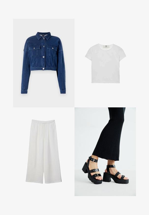 Skrajšan temno modri denim jakna z gumbasto zapiranje spredaj, dvema žepoma na prsih in klasičnim ovratnikom. Ima srebrne dodatke in šivano dekoracijo.; Bela majica s kratkimi rokavi in okroglim ovratnikom, izdelana iz mehke bombažne tkanine, ki ima preprost, čist dizajn brez vidnih vzorcev ali poudarkov.; Bele široke hlače iz lahkega materiala, ki imajo elastičen pas in vrvico za prilagajanje. Gladka tekstura.; Črne platforme s sandali in debelimi, zarezami ter več naramnicami, ki vključujejo kovinske zaponke in gladko teksturo, podobno usnju.