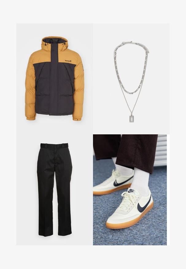 Padded Jacke mit einem Design in Braun und Schwarz, hoher Kragen, Reißverschluss und seitlichen Taschen. Markenlogo auf der oberen Brust.; Schwarzes Langarm-T-Shirt aus Baumwolle mit rundem Halsausschnitt und geradem Schnitt, mit einem kleinen Logodetail am Ärmel.; Schwarze Hose aus einem glatten Stoff, mit einem geraden Bein Design, Gürtelschlaufen und zwei Seiten Taschen. Klassischer Look ohne Verzierungen.; Nike-Sneaker aus weißem Leder mit einem navy blauen Swoosh, ausgestattet mit einer Gummisohle und weißen Schnürsenkeln, kombiniert mit weißen Socken und dunklen Cord-Hosen.; Silberne Halskette mit zwei geschichteten Ketten; verfügt über einen rechteckigen Anhänger mit einer glatten Oberfläche, die ein poliertes Metall-Finish zeigt.