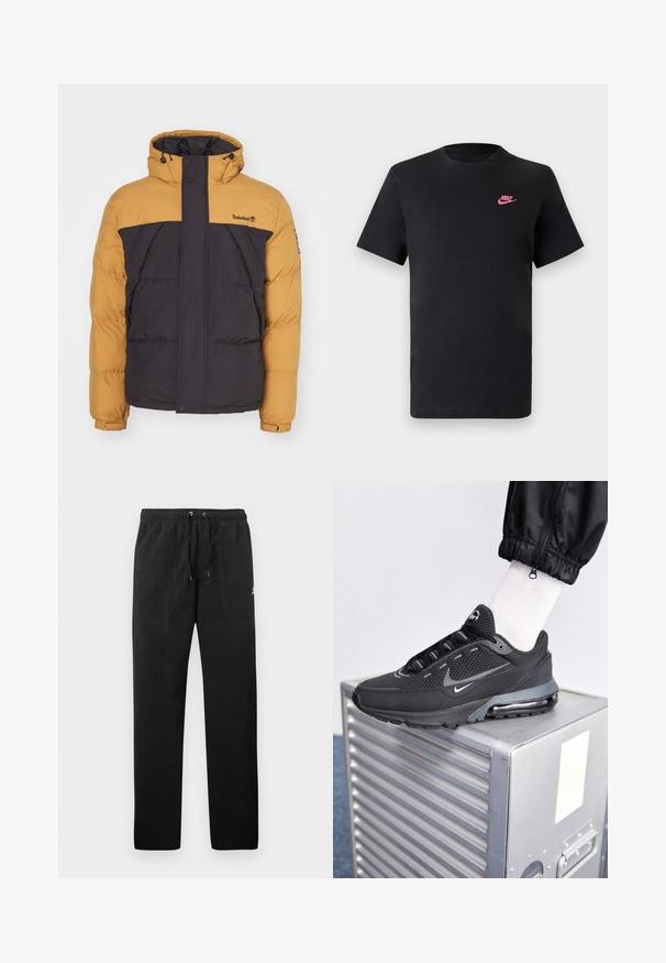 Zateplená bunda s designem v hnědé a černé barvě s barevnými bloky, včetně vysoce stojícího límce, zapínání na zip a bočních kapes. Logo značky na horní části hrudníku.; Černé bavlněné tričko s kulatým výstřihem a krátkými rukávy. Na horní levé straně se nachází růžové logo Nike. Hladká textura.; Černé teplákové kalhoty vyrobené z fleecu, s elastickým pasem a šňůrkami, dvěma předními kapsami a malým logem na stehně.; Nike Sportswear PULSE - Tenisky - black/anthracite
