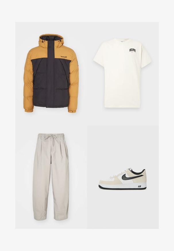 Padded jakna z rjavo-črnim blokovnim dizajnom, ki ima visok ovratnik, zadrgo in stranske žepe. Logotip blagovne znamke na zgornjem delu prsnega koša.; Kremasta bombažna majica s kratkimi rokavi, z natisnjenim napisom "NIKE SB" v črni in rdeči barvi na prsih. Standardni okrogli izrez.; Bež hlače iz lahkega materiala z elastičnim pasom in vrvico. Imajo gube in ohlapen kroj, izdelane so iz mehkega, gladkega blaga.; Tenisice z svetlo bež semenom in belim usnjem, črnim Nike znak, črnimi detajli in belim gumijastim podplatom z oznako "AIR".