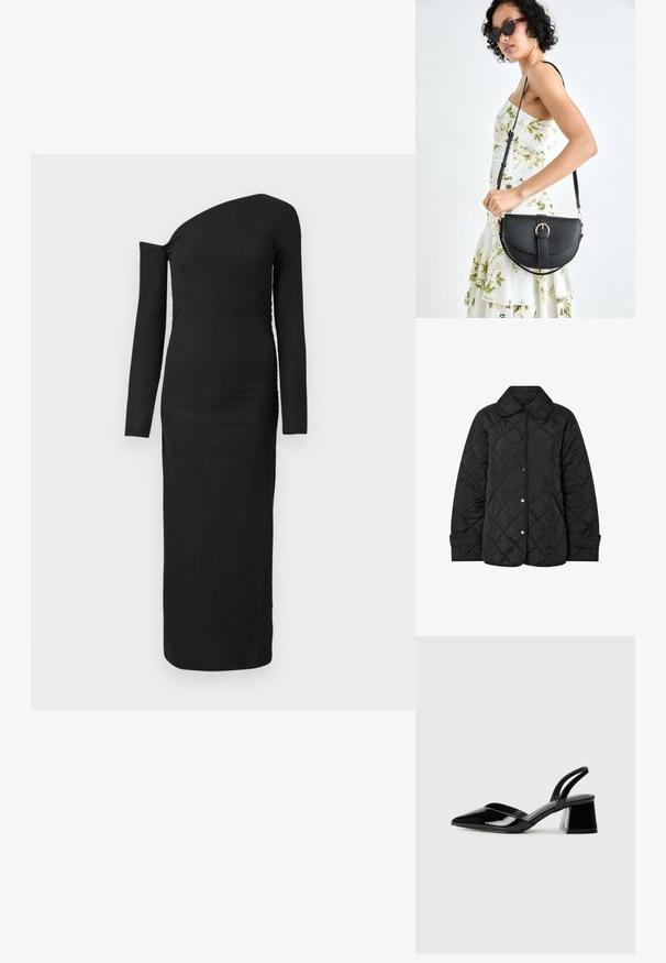 Black quilted jacket featuring a rounded collar, snap closures, and diagonal pattern stitching. Made of smooth, lightweight fabric.; Black, form-fitting, long-sleeve dress with an asymmetric neckline and gathered side detail, made from ribbed fabric.; Black patent leather slingback heels with a pointed toe and a geometric block heel. Features a sleek, minimal design and smooth texture.; Black leather handbag with a curved shape, detachable strap, and gold hardware. The bag features a flap with a buckle detail.