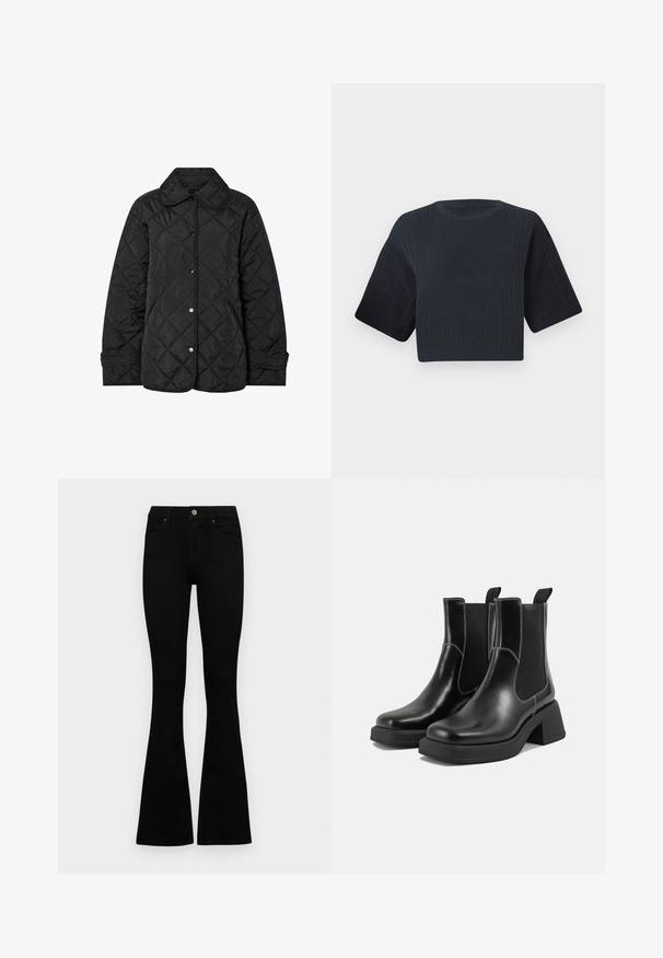 Geacă neagră matlasată, cu guler rotunjit, închidere prin capse și cusături cu model diagonal. Confecționată dintr-un material fin și ușor.; Pulover scurt tricotat, de culoare bleumarin închis, cu textură ribbed, mâneci scurte și largi, și guler rotund. Design simplu, fără modele sau accente vizibile.; Jeans negri cu talie înaltă, cu închidere prin nasture și fermoar, buzunare frontale și picioare evazate, așezați pe un fundal alb.; Botine Chelsea din piele neagră, cu toc masiv, panouri laterale elastice și cusături albe contrastante. Finisaj texturat.