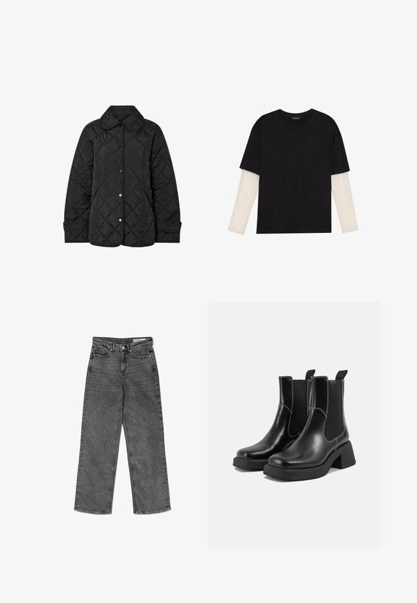 Must musträpitud kleit, mis sisaldab ümarat kraed, nupu sulgureid ja diagonaalset õmblusmustrit. Valmistatud siledast ja kerge kangast.; Mustmust särk, mis on valmistatud puuvillast, lühikeste varrukatega, valge pika varrukaga kihi peal, millel on peene tekstuuriga muster. Ümar kaelus.; Kõrge vöökoht, musta värvi kulunud sirge lõikega teksad, millel on esikottide, vöökudumise, nööbikinnituse ja bränditud sisemist vöökohta märgis.; Must musta Chelsea saapad, millel on paks konts, elastsed külgpaneelid ja kontrastne valge õmblus. Tekstuuriga viimistlus.