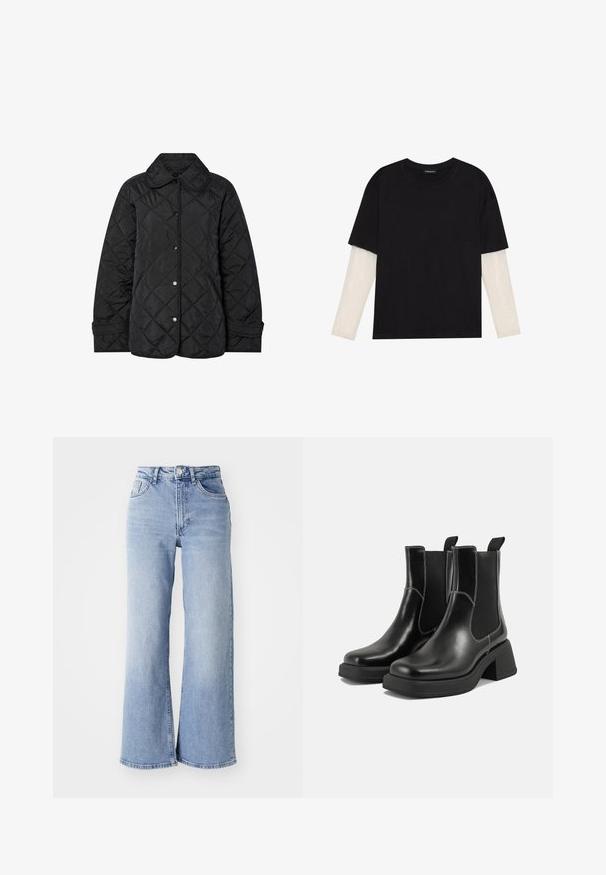 Must musträpitud kleit, mis sisaldab ümarat kraed, nupu sulgureid ja diagonaalset õmblusmustrit. Valmistatud siledast ja kerge kangast.; Mustmust särk, mis on valmistatud puuvillast, lühikeste varrukatega, valge pika varrukaga kihi peal, millel on peene tekstuuriga muster. Ümar kaelus.; Heledsinine kõrge vöökoht ja laiad sääred teksad, millel on ees- ja taga-taskud, nööbiga kinnitamine ning kerge kulumine reitel ja ääres.; Must musta Chelsea saapad, millel on paks konts, elastsed külgpaneelid ja kontrastne valge õmblus. Tekstuuriga viimistlus.