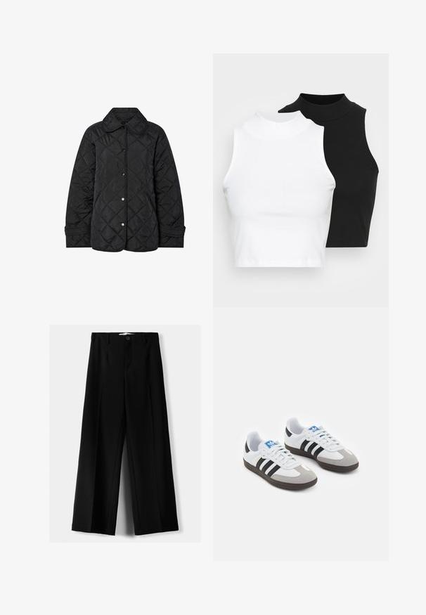 Svart kviltad jacka med rundad krage, tryckknappar och diagonala sömmar. Tillverkad av mjukt, lättviktsmaterial.; Två ärmlösa ribbade polotröjor i svart och vitt, med en figursydd design och slät textur, i en kortad längd.; Svarta vida byxor i lätt material, med knappstängning fram och platt front, samt väl sydda fållar.; Sportskor med överdel i vit läder, grå mocka på tårna och tre svarta ränder. Har en blå logotyp på tungan och en texturerad gummisula.