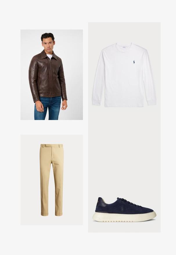 Brun läderjacka med rak skärning, dragkedjefickor och krage, parat med blå jeans. Slät textur och strukturerad design.; Vit långärmad T-shirt tillverkad av bomull. Har en rund halsringning, ribbade ärmslut och en liten marinblå polo-logotyp på vänster bröst.; Khaki chinos tillverkade av slät bomullstyg, med en figurnära design, framfickor, och manschetter vid ankeln för en avsmalnande look.; Mörkblå mocka låg top sneaker med en strukturerad yta, gummisula och tonade snören, med en liten logotyp på sidan och hälen.