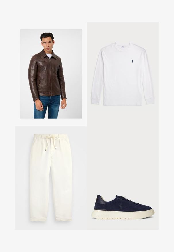 Brun læderjakke med lige snit, lynlås-lommer og krave, parret med blå jeans. Glat tekstur og struktureret design.; Hvid langærmet T-shirt lavet af bomuld. Har en rund halsudskæring, ribbede manchetter og et lille navy blåt polo-logo på venstre bryst.; Lys cremefarvede, afslappede bukser lavet af blødt stof. Har en elastisk talje med snor og en tætsiddende ben-design.; Mørkeblå suede low-top sneakers med en struktureret overflade, gummisål og ensfarvede snørebånd, der har et lille logo på siden og hælen.
