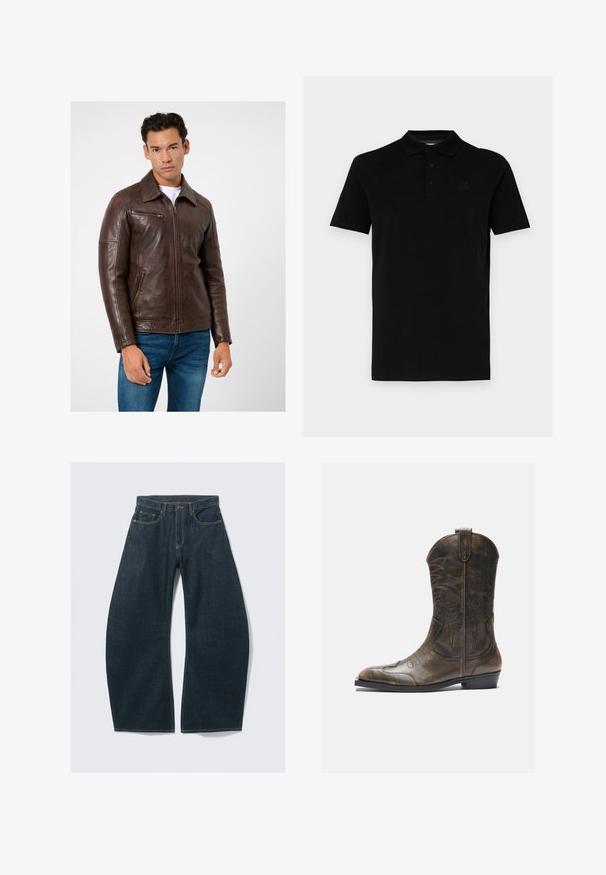 Brown leather jacket with a straight cut, zippered pockets, and a collar, paired with blue jeans. Smooth texture and structured design.; Black polo shirt with short sleeves, made of smooth fabric. Features a classic collar and three button placket, with a subtle logo at chest.; Dark blue wide-leg jeans made from denim, featuring five pockets, visible stitching, a button closure, and a clean finish.; Brown leather cowboy boot with a tall shaft, pointed toe, intricate stitching patterns, and a small heel. Textured finish throughout.