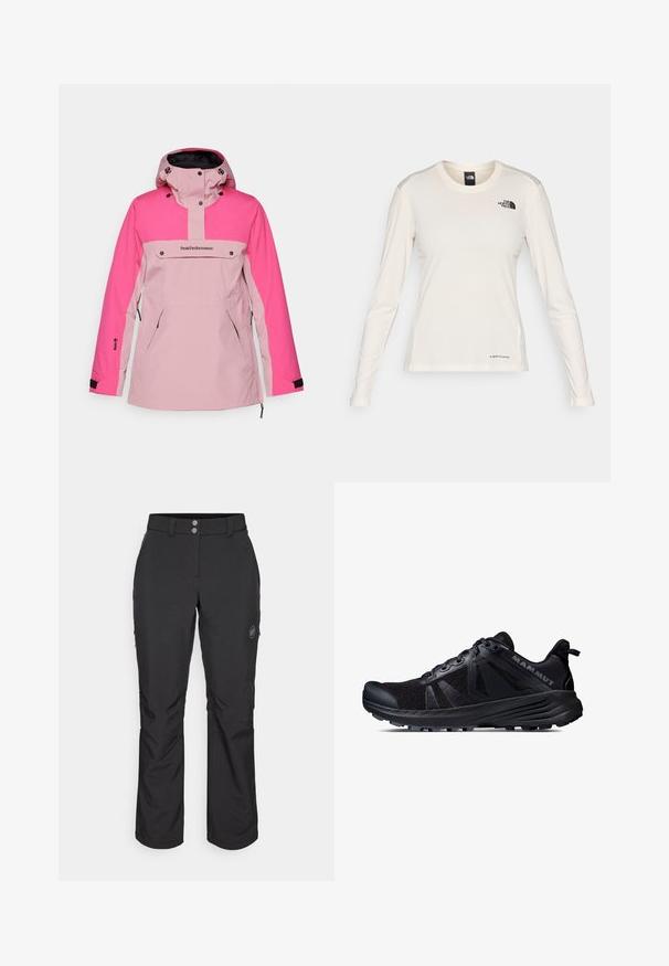 Peak Performance ANORAK - Snieglenčių striukė - bitter root/beetroot purple; The North Face SHADOW LONG SLEEVE - Ilgarankovis viršutinės dalies drabužis - white dune; Juoda lauko kelnės su tiesiu kirpimu, su mygtuko uždarymu, užtrauktuku užtraukiamomis šoninėmis kišenėmis ir logotipo aplikacija kairiajame šlaunyje.; Juodas bėgimo batų takams modelis su tinkline viršutine dalimi ir guminio pado. Įrengti tekstūruoti uždangalai, sustiprinta pirštų dalis ir prekės ženklas ant kulno.