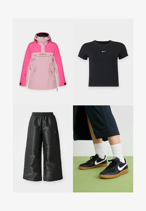 Peak Performance ANORAK - Snowboardkabát - bitter root/beetroot purple; Fekete, rövid ujjú póló, pamutból készült, kerek nyakkivágással. A mellkasán fehér Nike logó található, minimális dizájnnal és testhez simuló formával.; Fekete sportnadrág fényes, sima anyagból, rugalmas derékkal, széles lábakkal és egy kis logóval a bal oldalon.; Fekete bőr és szintetikus sneakers, fehér Nike logo-val, gumi talppal, kerek orral és fekete fűzővel. Csíkos fehér zokni látható.
