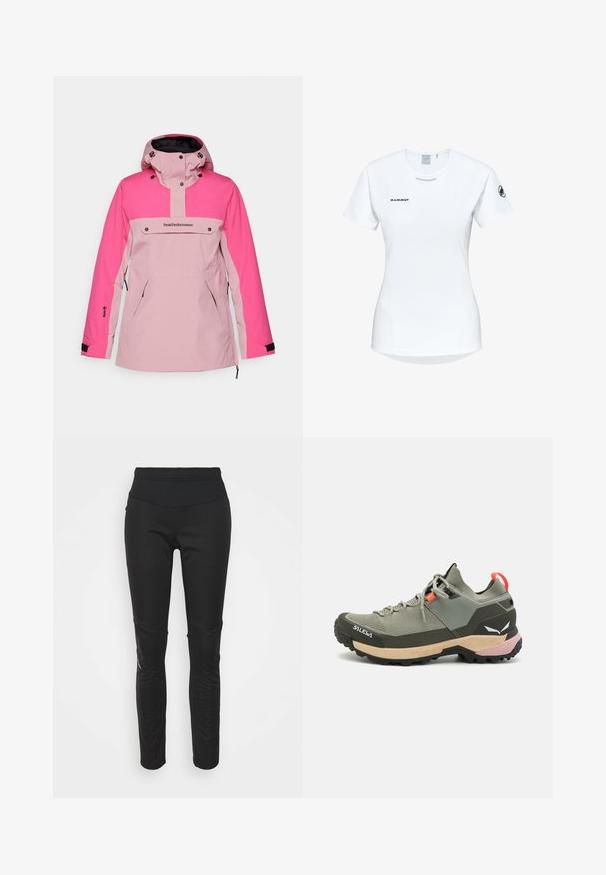 Peak Performance ANORAK - Snowboardjacka - bitter root/beetroot purple; Kortärmad vit träningsskjorta med rund halsringning, försedd med en logotyp på bröstet och en slät, lätt tygkvalitet.; Svarta idrotts leggings med hög midja, slät textur, logotypdetalj och sidopaneler för ökad visuell intress.; Lättviktsgrön vandringssko med mesh- och gummimaterial, svart yttersula för bra grepp, rosa och orange detaljer samt förstärkt tåhätta.