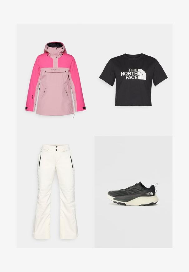 Peak Performance ANORAK - Snowboardjacke - bitter root/beetroot purple; Schwarzes, tailliertes T-Shirt aus Baumwolle mit einem weißen Logo mit geschwungenen Akzenten und dem Text "THE NORTH FACE" auf der Vorderseite. Kurze Ärmel, Rundhalsausschnitt.; Weiße Skihosen mit glatter Textur, ausgestattet mit zwei Reißverschlusstaschen an den Seiten, zwei Knöpfen am Bund und einem leicht ausgestellten Beinansatz.; Schwarzer Sportschuh mit strukturiertem Obermaterial, ausgestattet mit grauen Akzenten und einer weißen Zwischensohle. Enthält eine Zuglasche und ein markantes Markenlogo an der Ferse.